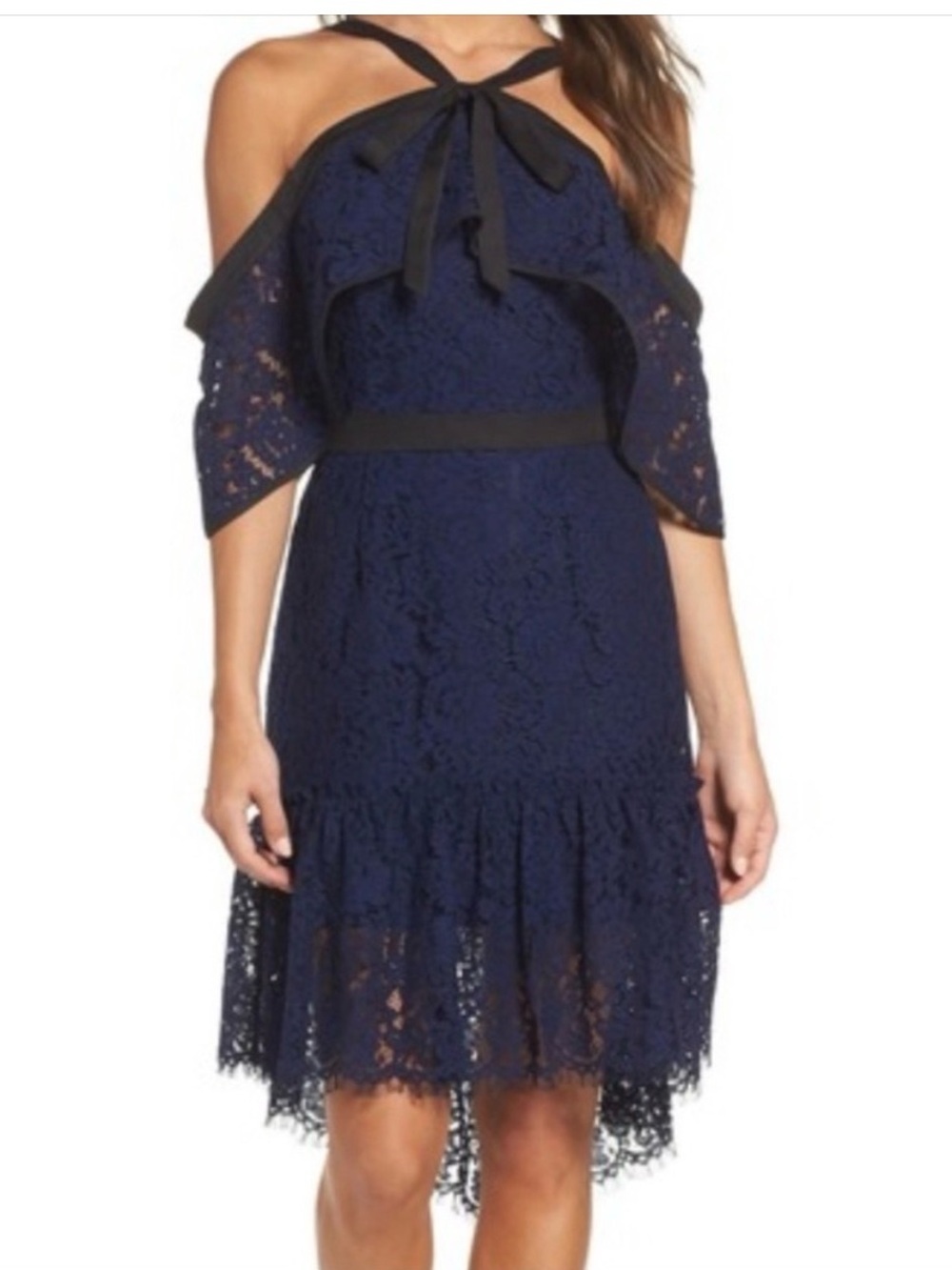 Adelyn Rae Tie Shoulder Navy Lace Ruffle Dress with Bow Tie